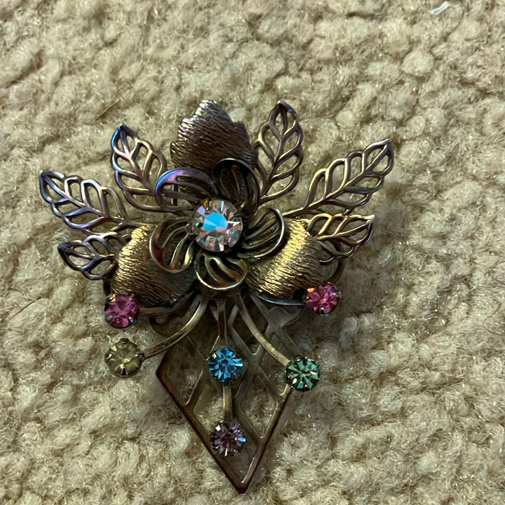 Vintage Floral Brooch with Multicolor Gems